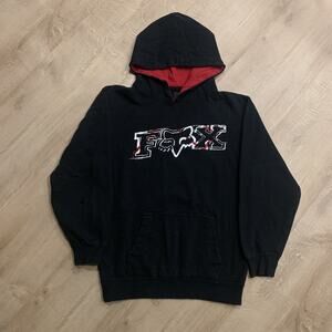 Vintage Y2K Fox Racing Hoodie Grunge Distressed Black Red Youth Boys XL SpellOut